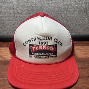 Vintage 1991 Contractors Night Trucker Snapback Hat Cap Mesh Adjustable Red